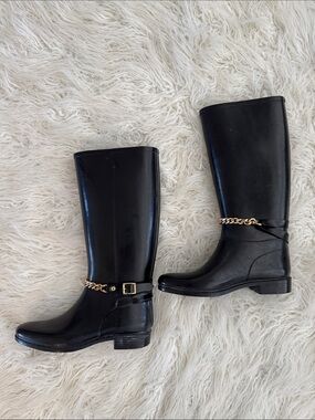 Burberry Black Knee-High Rain Boots with Gold Chain Detail